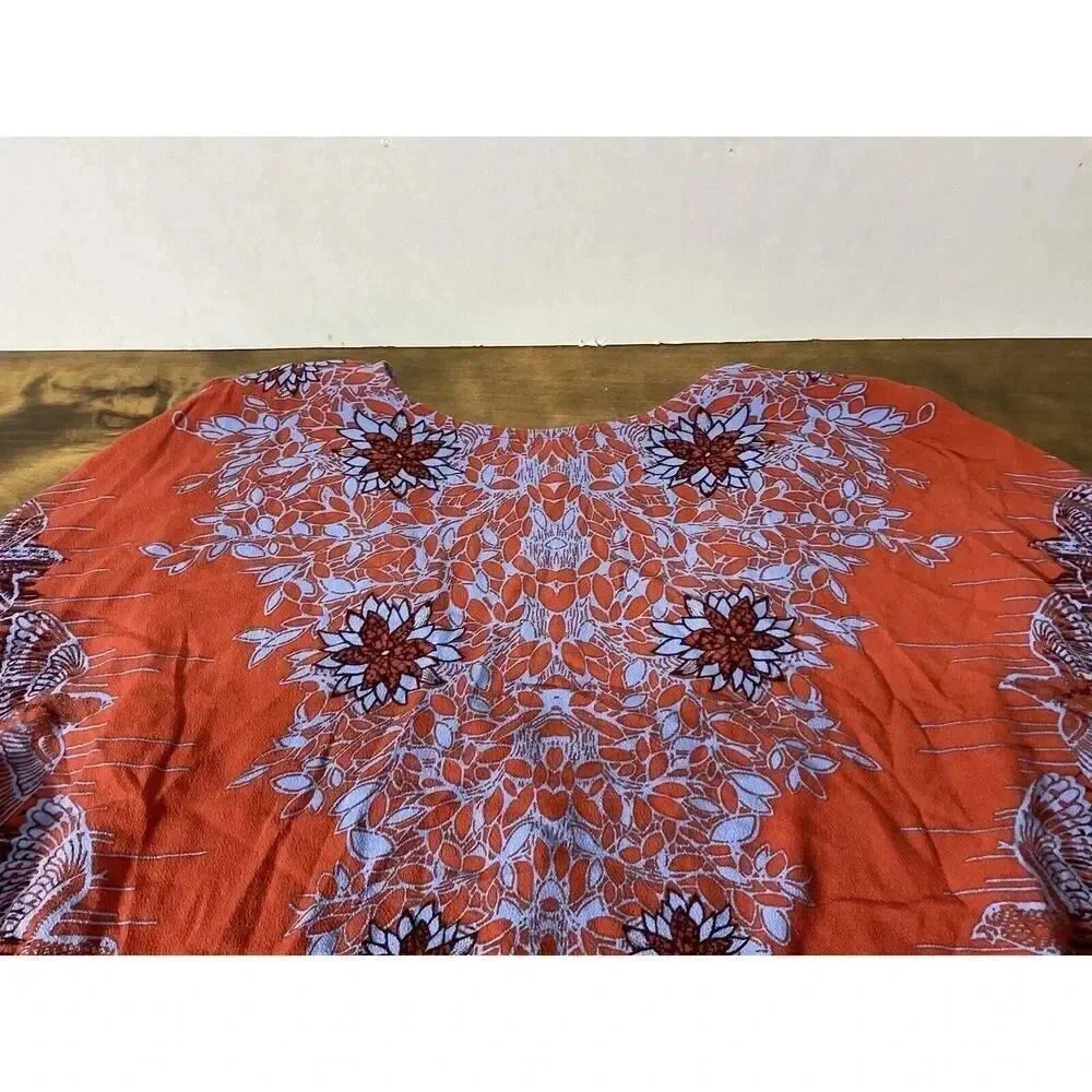 Free People Birds of a Feather Orange Floral Printed Blouse Size Small V-Neck